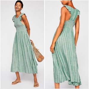 Free People Chambray Butterflies Midi Dress Green Stripe Smocked Ruffled XL